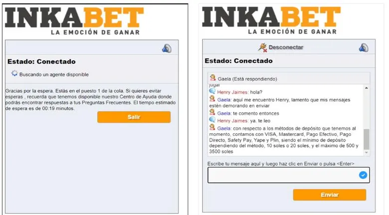Dos capturas del chat de soporte de Inkabet: una cola de espera con tiempo estimado y una conversación donde una agente enumera métodos de depósito con sus montos.