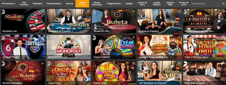 Sección de casino en vivo de Inkabet con mesas de Roulette Live, Blackjack en Español, Monopoly Live, Dream Catcher y Crazy Time.