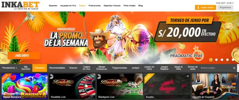 Sala de casino de Inkabet con banner de «promo de la semana» y un torneo mensual de Pragmatic Play con premio en efectivo en soles.