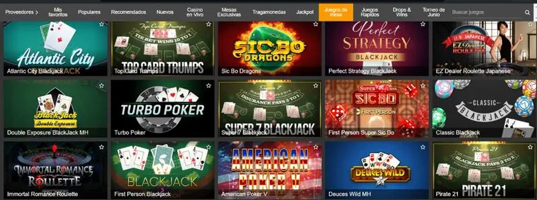 Pestaña de juegos de mesa de Inkabet con variantes de blackjack, Sic Bo Dragons, Turbo Poker y American Poker V.