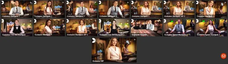Cuadrícula de mesas exclusivas de Inkabet: filas de Exclusive Blackjack numeradas, Exclusive Roulette y una mesa Exclusive VIP con crupieres en vivo.