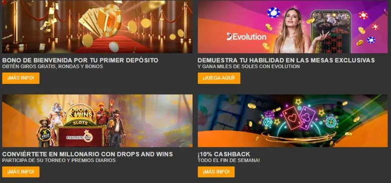 Panel de promociones de Inkabet: bono de bienvenida por primer depósito, mesas exclusivas con Evolution, torneo Drops & Wins y un cashback de fin de semana.
