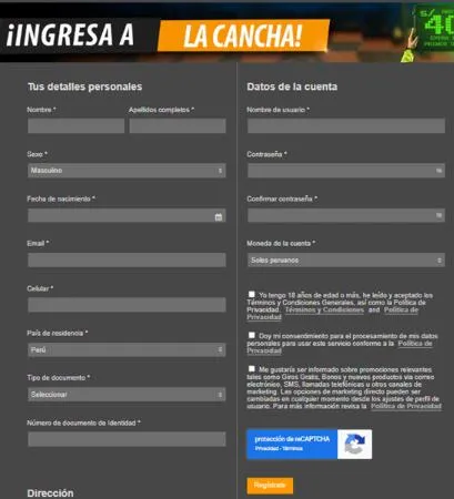 Formulario de registro de Inkabet bajo el lema «¡Ingresa a la cancha!».
