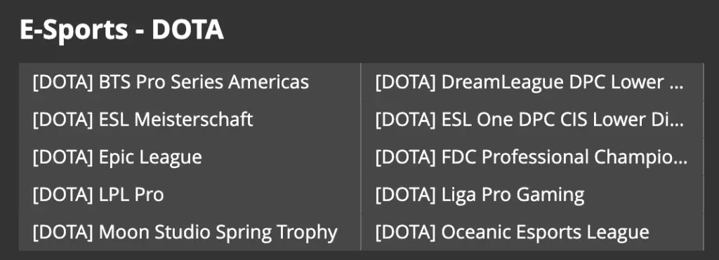 Listado de competiciones de Dota 2 en dos columnas, con ligas profesionales y torneos regionales uno debajo del otro.