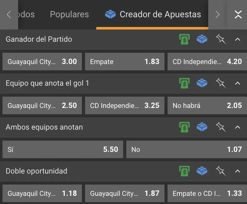 Panel del creador de apuestas con las pestañas de ganador del partido, quién anota el primer gol, ambos equipos anotan y doble oportunidad desplegadas.