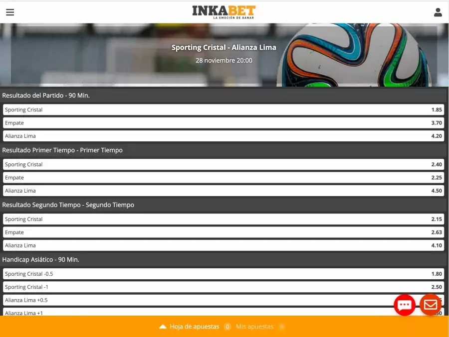 Listado de mercados de un partido de fútbol peruano en pantalla ancha, con resultado del partido, primer tiempo y hándicap asiático uno debajo del otro.