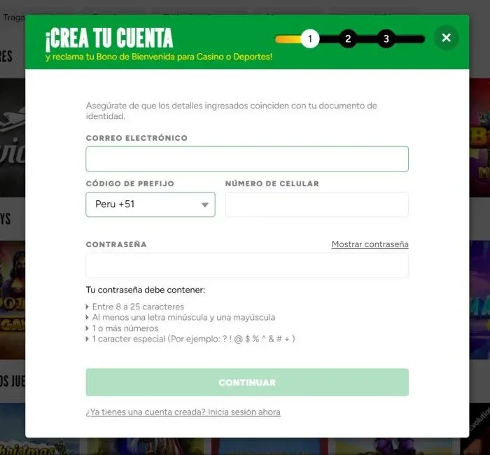 Ventana de alta titulada «¡Crea tu cuenta!» con el paso 1 de 3 marcado, campos de correo, prefijo telefónico de Perú y contraseña, más las reglas de la clave.